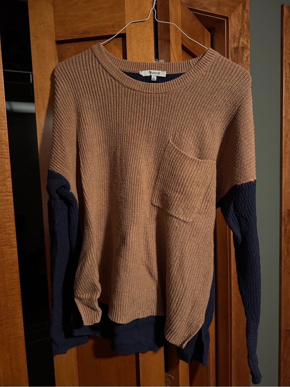 Madewell Two-Tone Crewneck Sweater — Tan and Navy